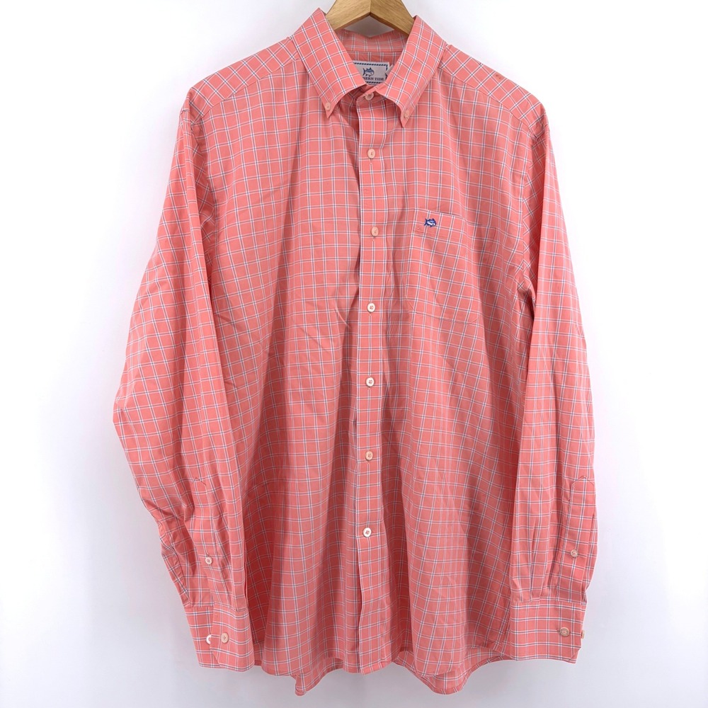Southern Tide Mens Classic Fit Coral Pink Plaid Button Down Shirt Size M Stretch